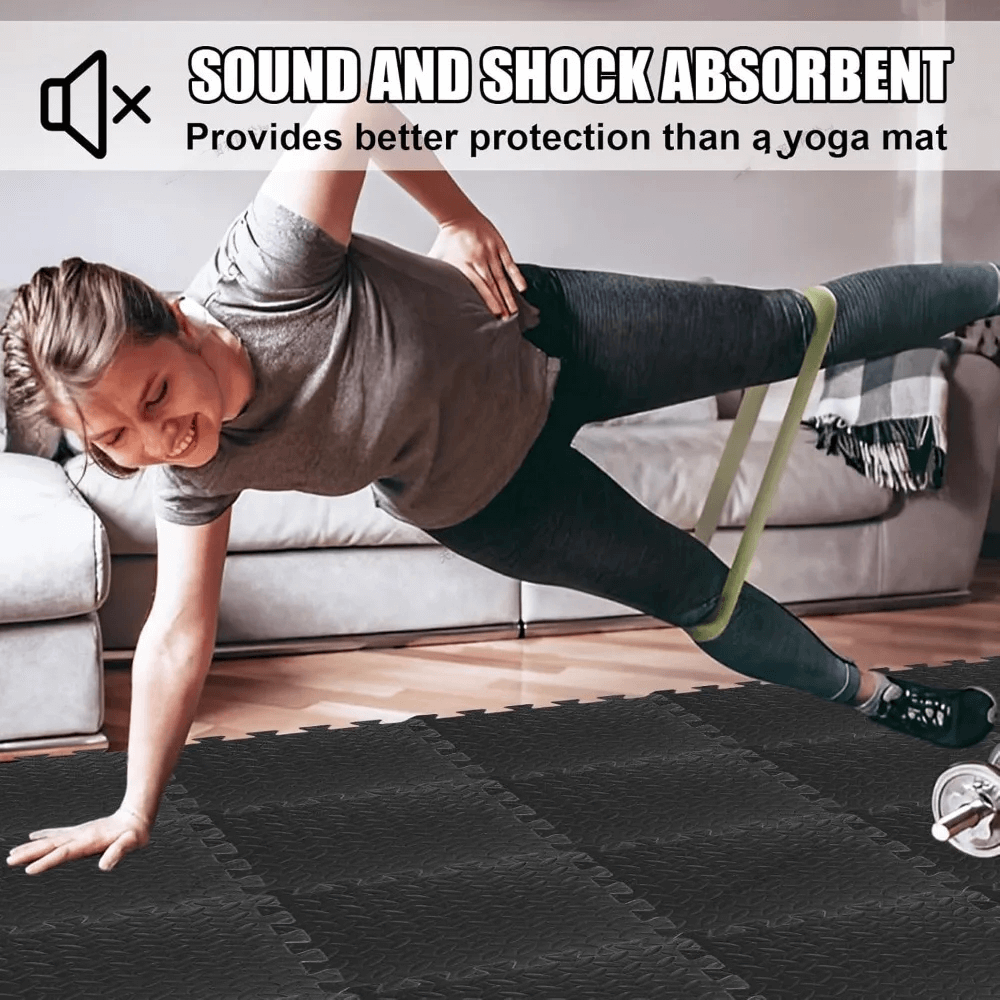 Woman exercising on sound-absorbent Waterproof Interlocking Mats for Home Gym and Play - SF3475 with resistance band.